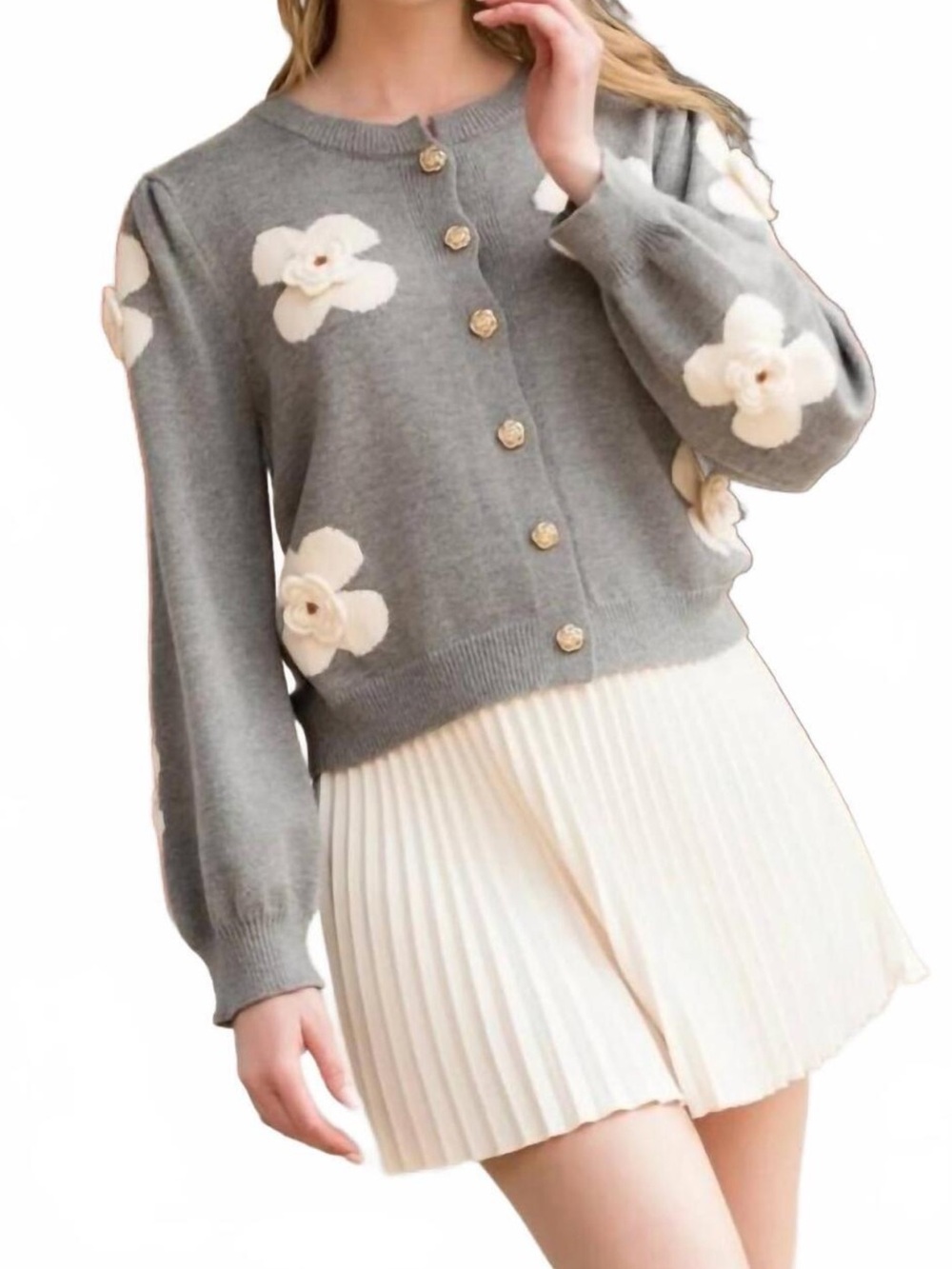THML 3D Flower Appliqué Knit Cardigan in Gray Size S